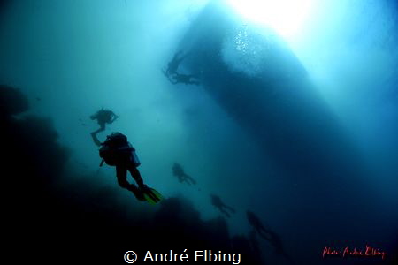 like pearls are some scuba divers diving along the riff a... by André Elbing 