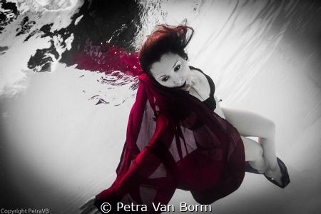 a black and white shot of an underwater model by Petra Van Borm 
