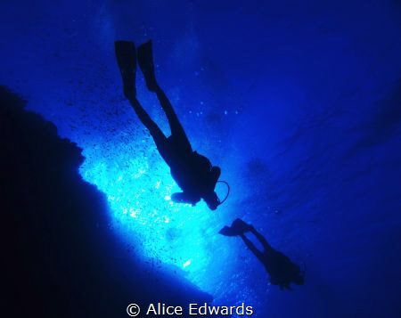 My dive group above me with sun rays at big brother islan... by Alice Edwards 