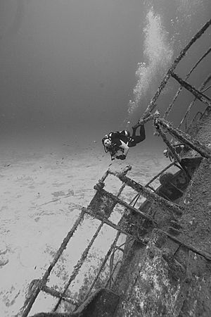 My dive buddy swims around the stern of the Sea Star II w... by Michael Shope 