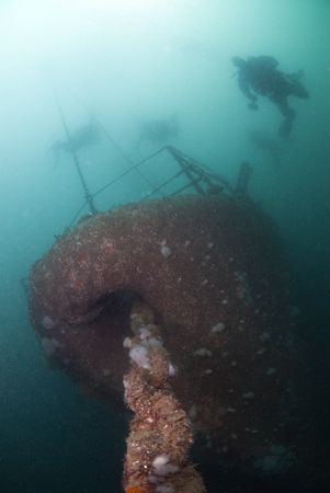 Diver's desending on the bow of the
Scylla. 10.5mm. by Derek Haslam 