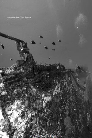 Back side left hull of the Azuma Maru shipwreck max depth... by Jean-Yves Bignoux 