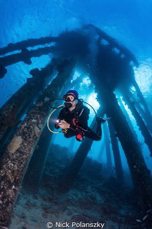 Scuba diver Natalia checking out the obscure structures o... by Nick Polanszky 