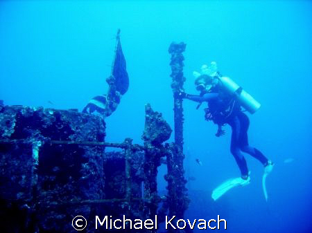 Barbara Winn on the wreck of the Duane out of Key Largo by Michael Kovach 