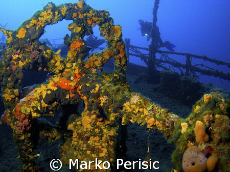 Incrusted in soft corals the fly wheel on the wreck of th... by Marko Perisic 