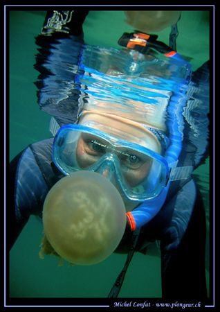 My wife in the Jelly Fish Lake of Palau... Que du bonheur... by Michel Lonfat 