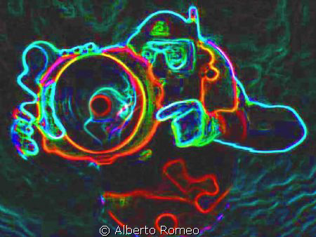 The Underwater Photographer.  Photoshopped with neon filter by Alberto Romeo 