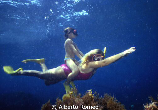 Mamma and baby playng underwater  .
Nikonos 15mm+ Ikelit... by Alberto Romeo 