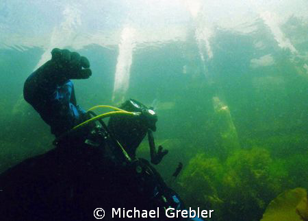 This recreational diver checks for the presence of boats ... by Michael Grebler 