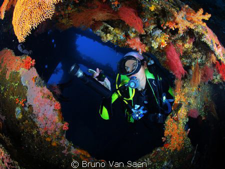 My wife inside the wreck 'Liberty II' by Bruno Van Saen 