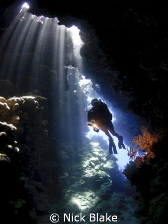 Diver in the caves at Jackfish Alley, Red Sea by Nick Blake 