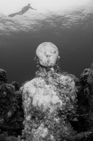 Diver views an underwater museum from above... by Spencer Burrows 