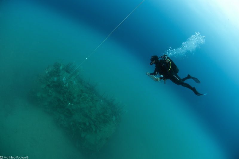 marine biologist over a small artificial reef emerging of... by Mathieu Foulquié 