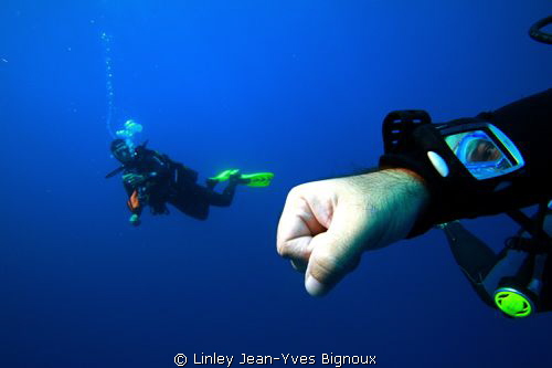 Two divers on a deco stop afrter a 56 metre dive in Mauri... by Linley Jean-Yves Bignoux 