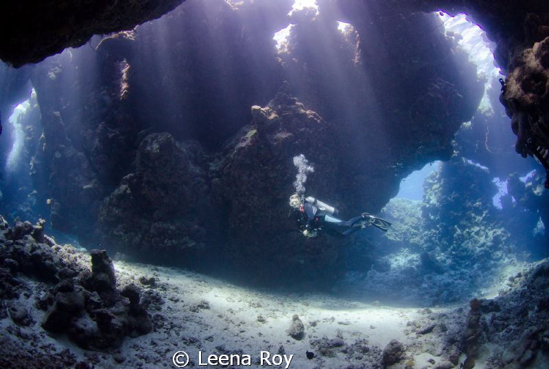 Diver swimming through caves by Leena Roy 