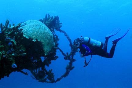 Diver and the crows nest of the Antilla. Aruba 11-05. Nik... by Matthew Shanley 