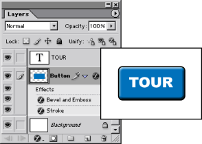 Illustration of a rollover. The button is on its own layer; effects are added to the layer to create a new appearance of the button for the over state.