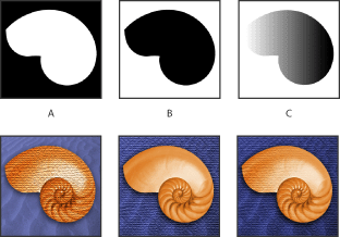 Illustration of masks with these callouts: A. Opaque mask used to protect the background and color the shell B. Opaque mask used to protect the shell and color the background C. Semitransparent mask used to color the background and part of the shell