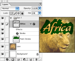 Africa text with shallow knockout to lion layer