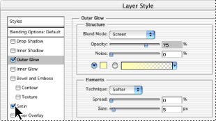 Photoshop Layer Style dialog box. Click a check box to apply the default settings without displaying the effect's options.