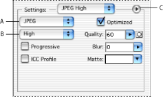 Illustration of Optimization panel for JPEG format with these callouts: A. File format menu B. Quality Level menu C. Optimize menu