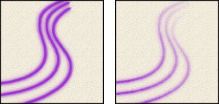 Brush strokes without paint dynamics and with paint dynamics