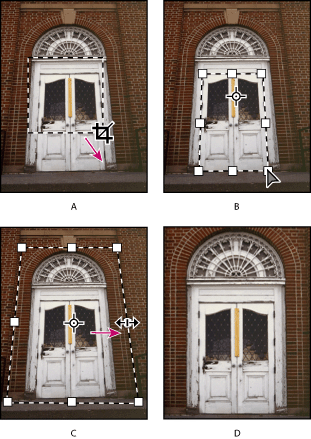 Illustration of steps to transform perspective with these callouts: A. Draw initial cropping marquee B. Adjust cropping marquee to match the object's edges C. Extend the cropping bounds D. Final image