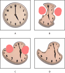 Illustration of reconstruction based on distortions in frozen areas with these callouts: A. Original image B. Distorted with frozen areas C. Reconstructed in Rigid mode (using button) D. Thawed, edges reconstructed in Smooth mode (using tool)