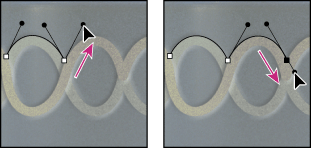 Alt-drag or Option-drag the direction point toward the curve. Release the key, and drag in the opposite direction.