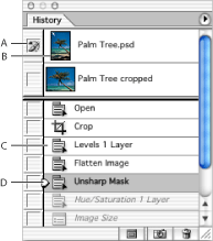 Illustration of Photoshop History palette with these callouts: A. Sets the source for the history brush B. Thumbnail of a snapshot C. History state D. History state slider