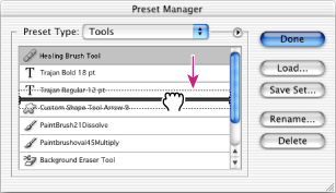 Illustration of rearranging tool presets in the Preset Manager