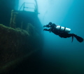 Sidemount diver on the wreck of the Niagara 2 at 30m depth in Georgian Bay, Lake Huron, dived out of Tobermory, Canada.