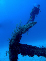 A diver hovers over a large anchor