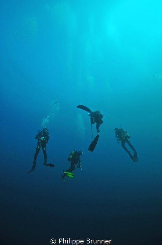 Divers in the blue for safety stop. by Philippe Brunner 