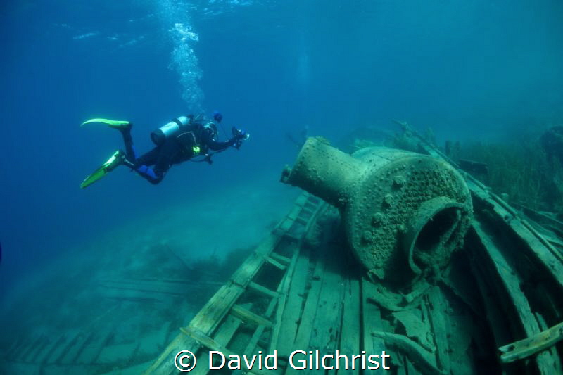 U/W Photographer hovers over wreck of the steam tug, 'Ali... by David Gilchrist 