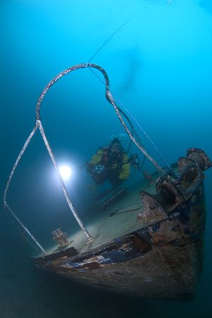 Diver with wreck,Capernwray 10.5mm. by Derek Haslam 
