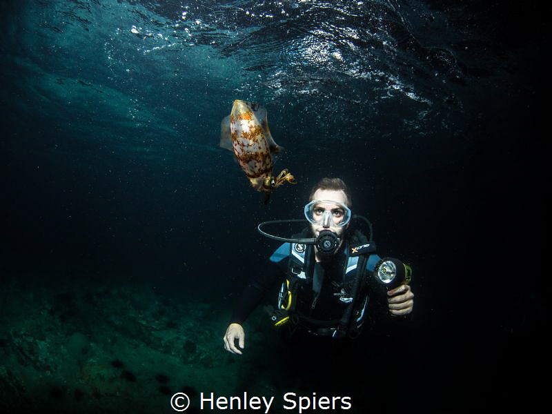 My dive buddy mesmerised by a squid on our night dive. by Henley Spiers 
