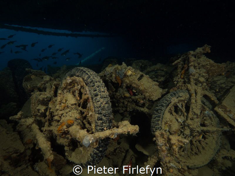Motorcycles in the Thistlegorm wreck by Pieter Firlefyn 