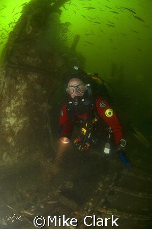 Diver on the wreck of the Unity,
Moray Firth, Scotland.
... by Mike Clark 