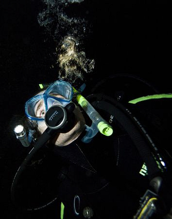 A divers bubbles reflecting torch light.

A simple imag... by Cal Mero 