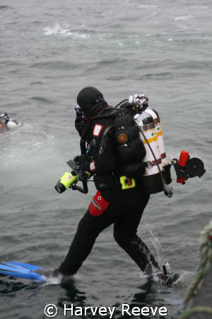 Diver walking on water.
NEED MORE WEIGHT by Harvey Reeve 