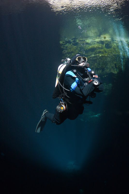 Janine on her deco stop in Kilsby's Sinkhole near Mt Gamb... by Mick Tait 