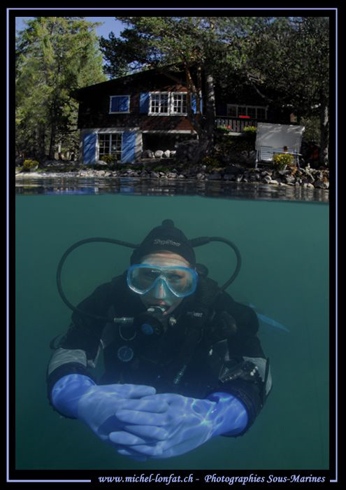 Caroline my wife in a small altitude Mountain Lake - Divi... by Michel Lonfat 