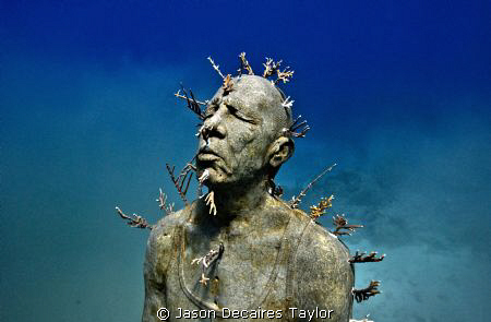 Underwater sculpture planted with live fire coral by Jason Decaires Taylor 
