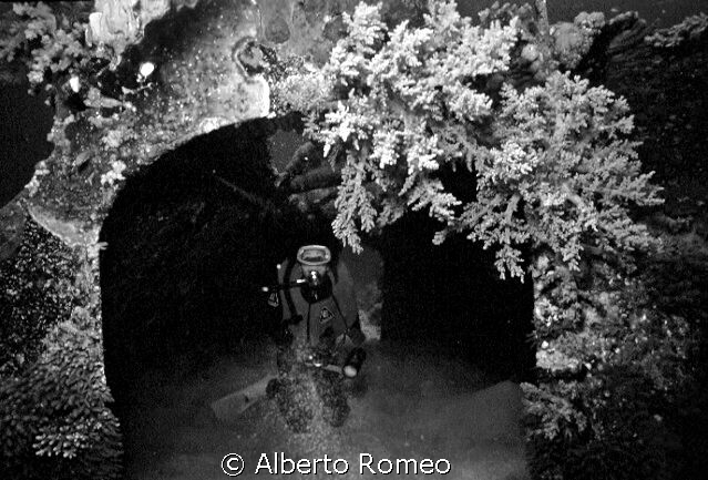 My wife Lucia  is inside the wreck of the hangar of u/w s... by Alberto Romeo 