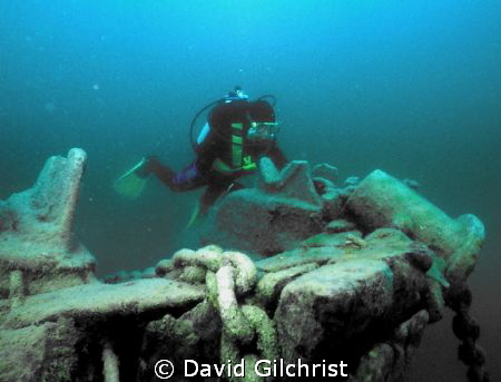 Diver at the bow of the 'Marquette', Georgian Bay by David Gilchrist 