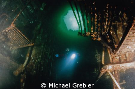 Descending into the engine room of the Wolfe Islander nea... by Michael Grebler 