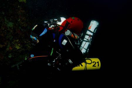 Trimix Diver at the wall near island Gangaro in Croatia. by Andy Kutsch 