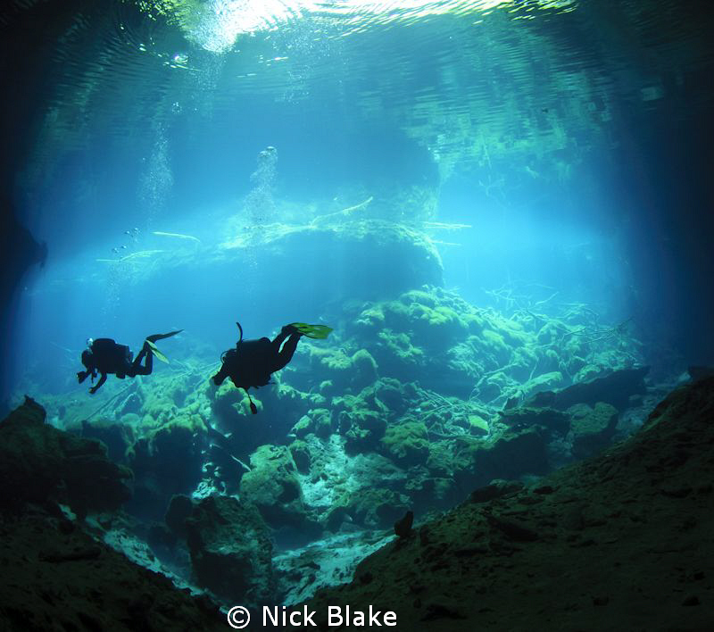 Exploring in Ponderosa Cenote, Yucatan, Mexico. by Nick Blake 
