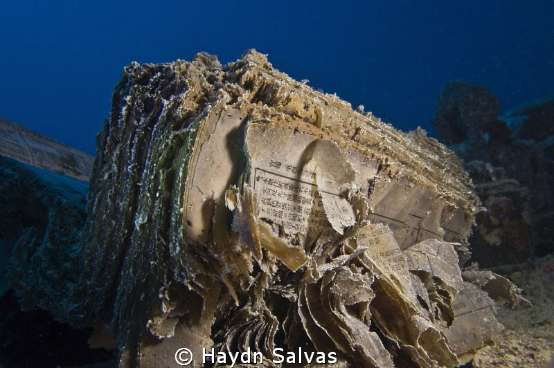 60 year old Japanese book on the deck of the Fumitzuki wr... by Haydn Salvas 